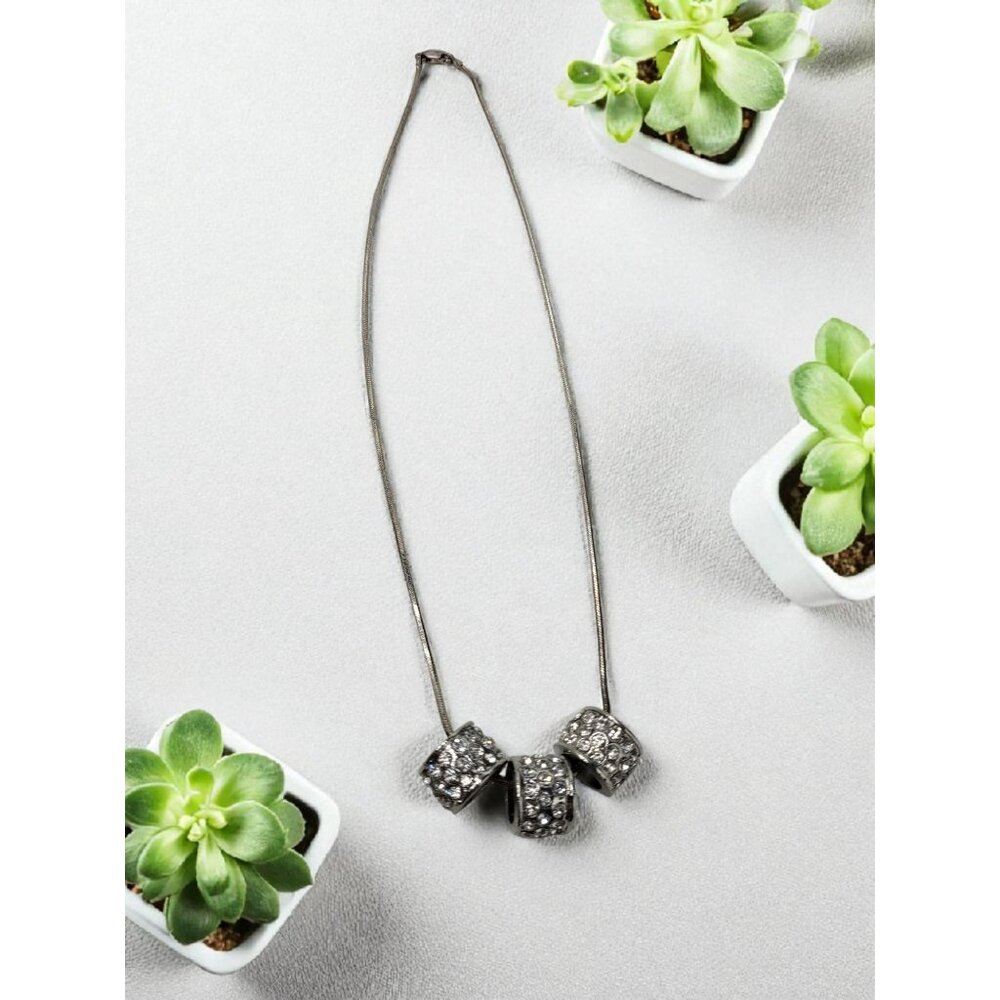 Vintage Elegant Sterling Silver Necklace With Three Sparkling Rhinestone Beads - Picture 6 of 16